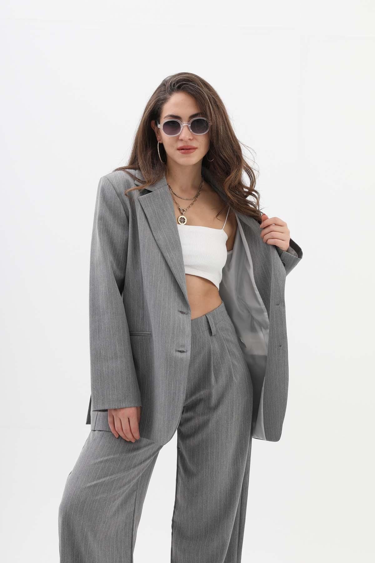 Women's Pocketed Narrow Striped Polyviscon Blazer Jacket - Gray - STREETMODE™