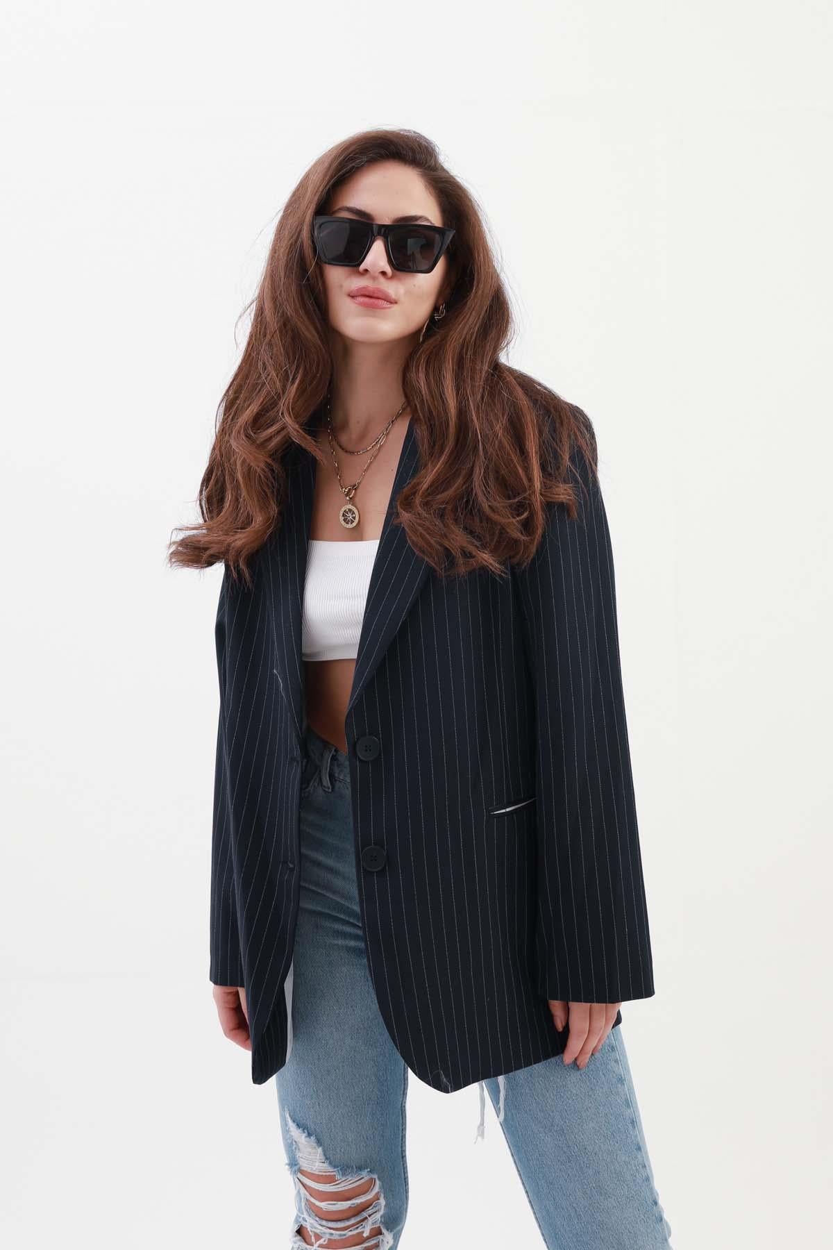 Women's Pocketed Narrow Striped Polyviscon Blazer Jacket - Navy Blue - STREETMODE™