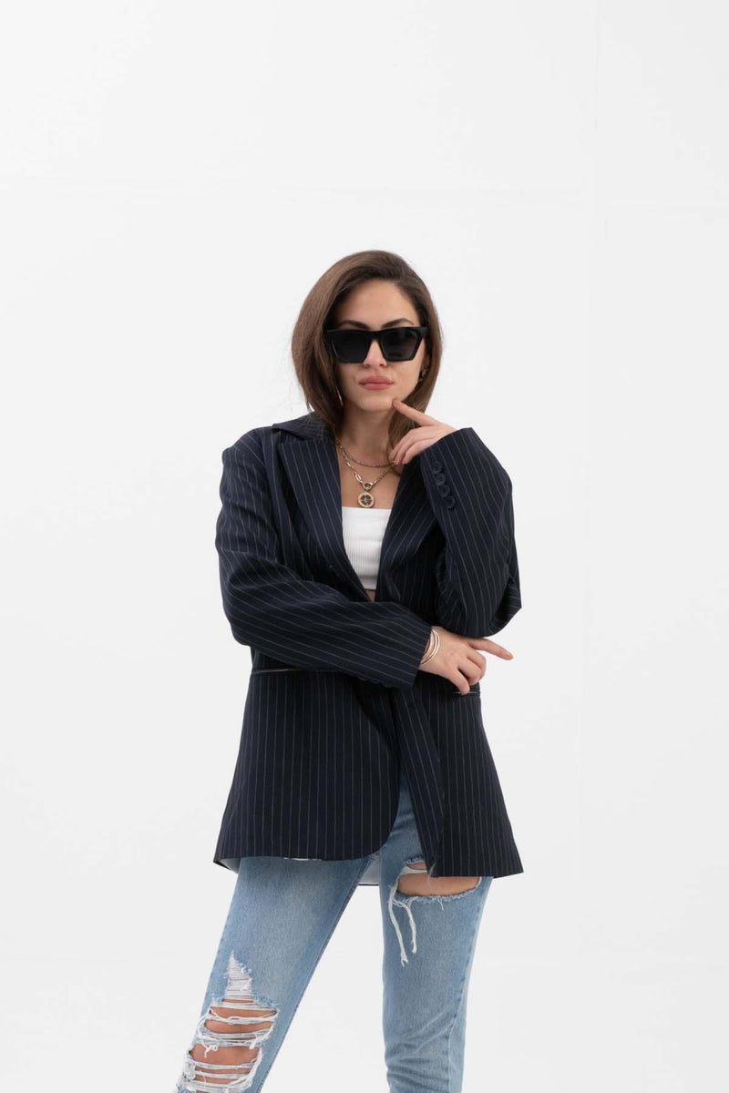 Women's Pocketed Narrow Striped Polyviscon Blazer Jacket - Navy Blue - STREETMODE™