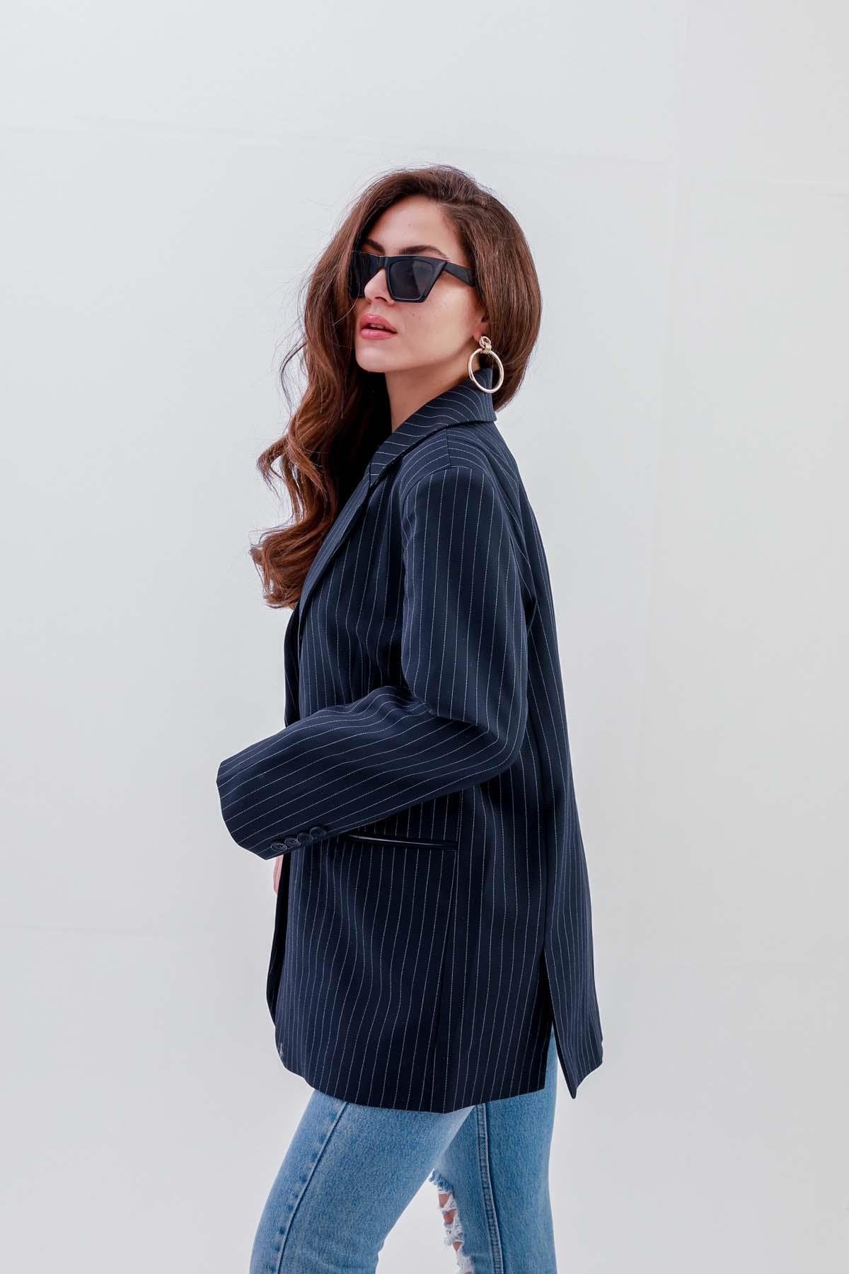 Women's Pocketed Narrow Striped Polyviscon Blazer Jacket - Navy Blue - STREETMODE™