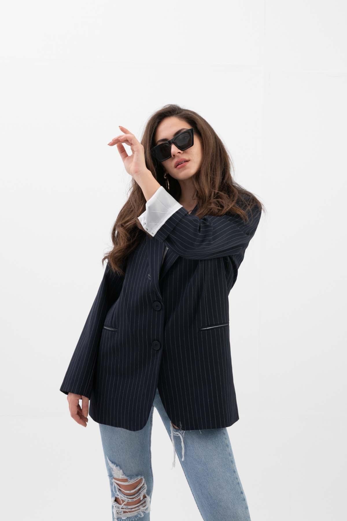 Women's Pocketed Narrow Striped Polyviscon Blazer Jacket - Navy Blue - STREETMODE™