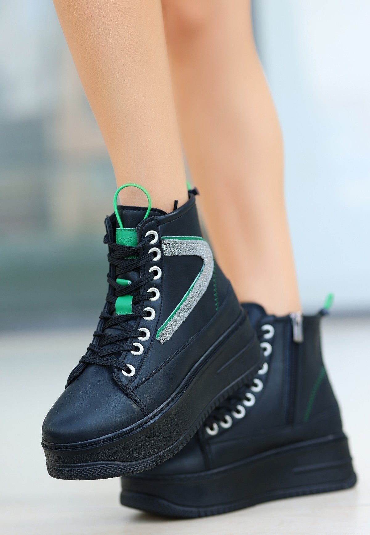 Women's Pone Black Skin Green Detailed Lace Up Boots - STREETMODE™
