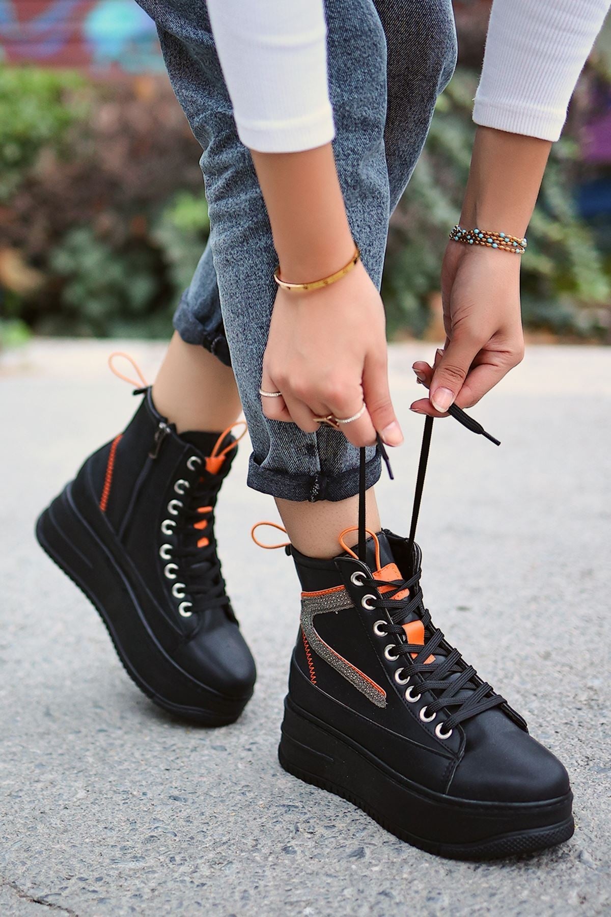 Women's Pone Black Skin Orange Detailed Lace Up Sneakers Boots - STREETMODE™