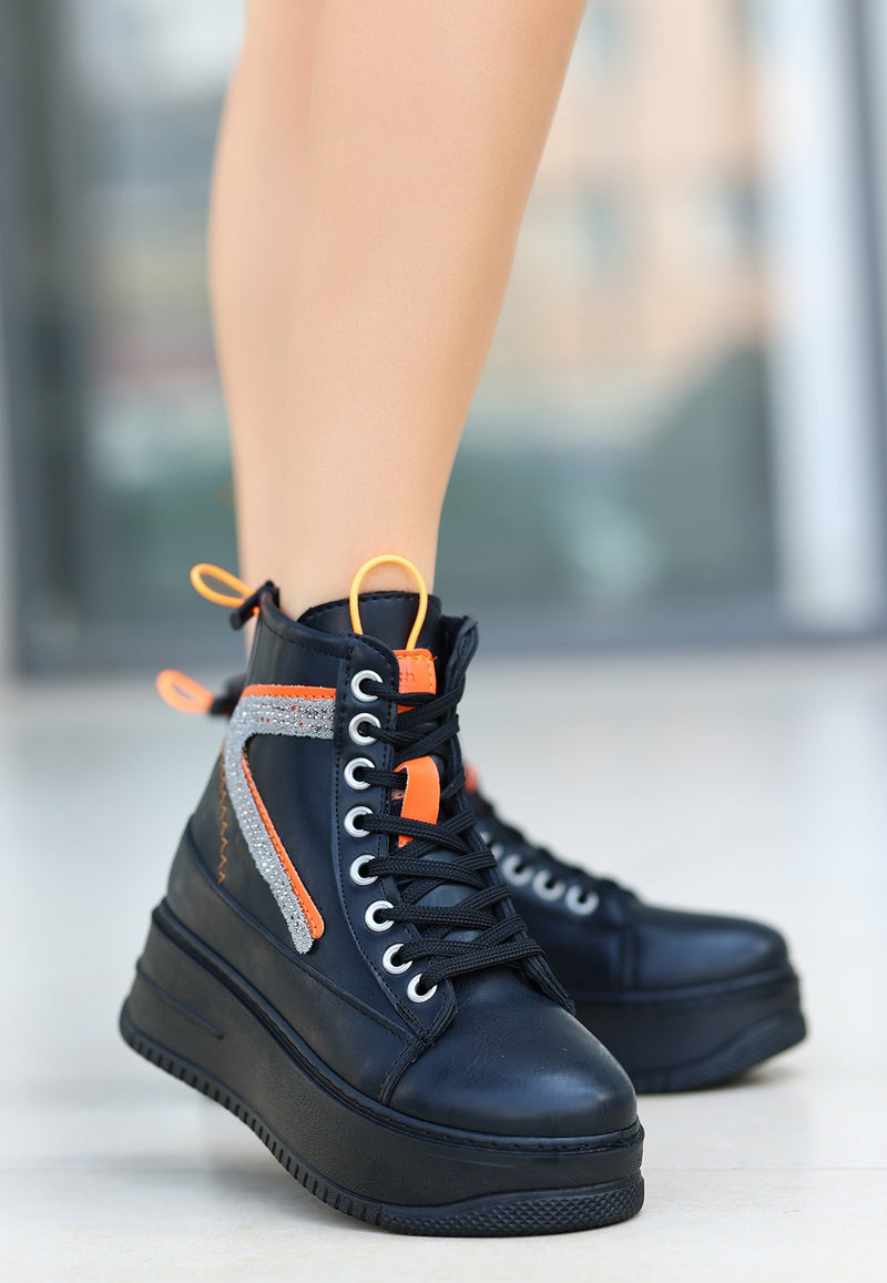 Women's Pone Black Skin Orange Detailed Lace Up Sneakers Boots - STREETMODE™