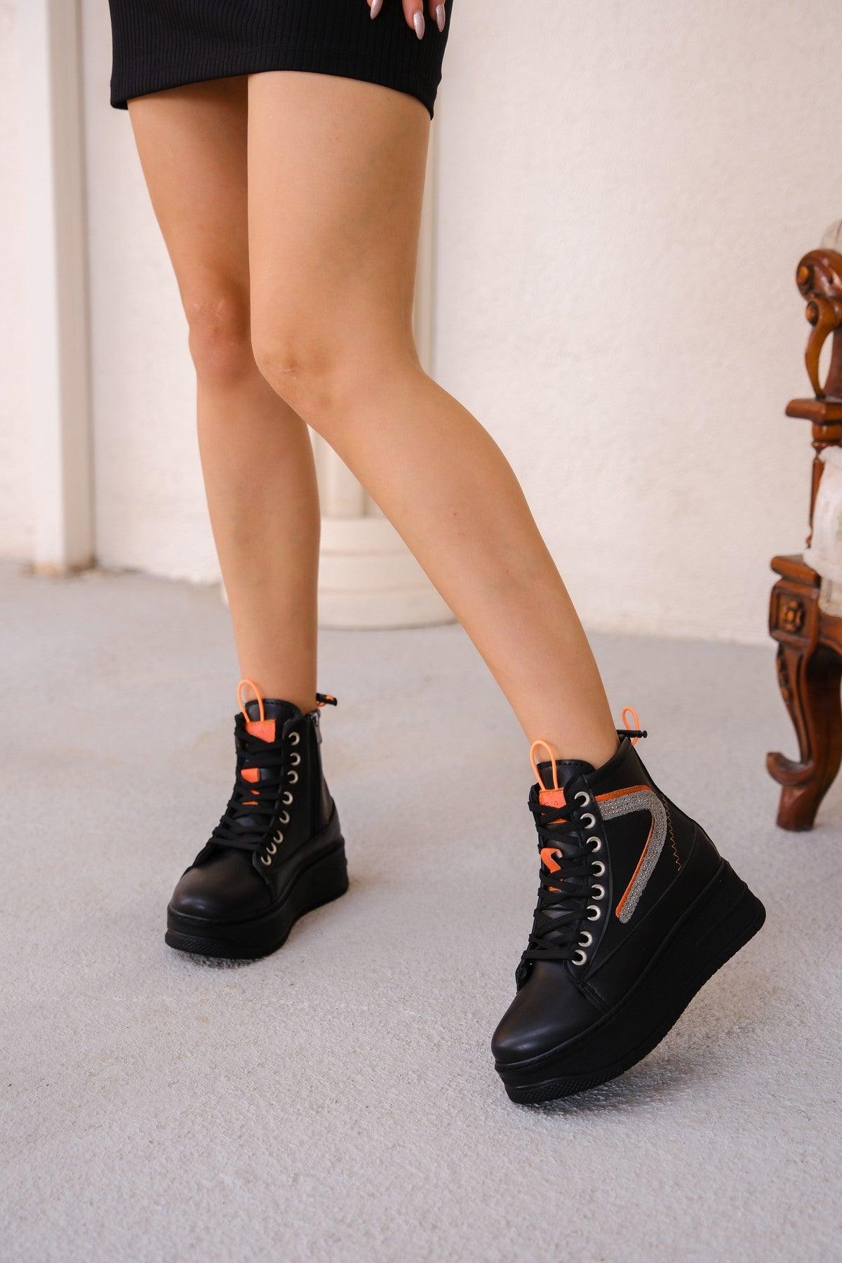 Women's Pone Black Skin Orange Detailed Lace Up Sneakers Boots - STREETMODE™