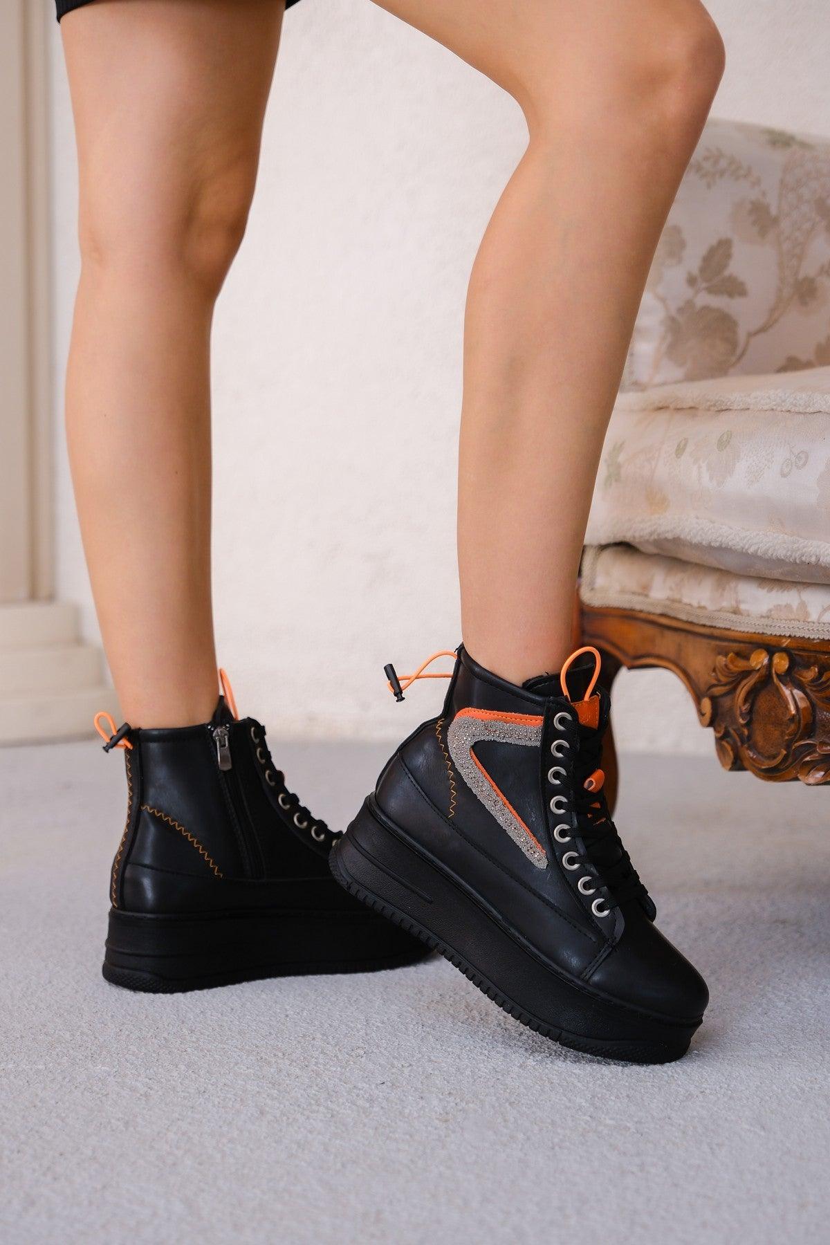 Women's Pone Black Skin Orange Detailed Lace Up Sneakers Boots - STREETMODE™