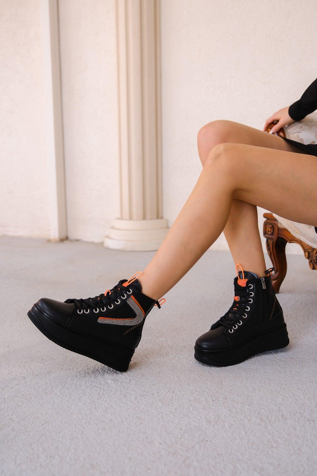 Women's Pone Black Skin Orange Detailed Lace Up Sneakers Boots - STREETMODE™