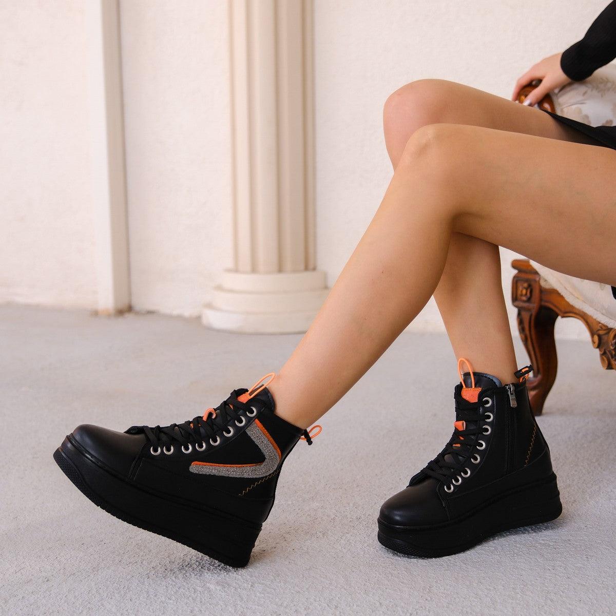 Women's Pone Black Skin Orange Detailed Lace Up Sneakers Boots - STREETMODE™