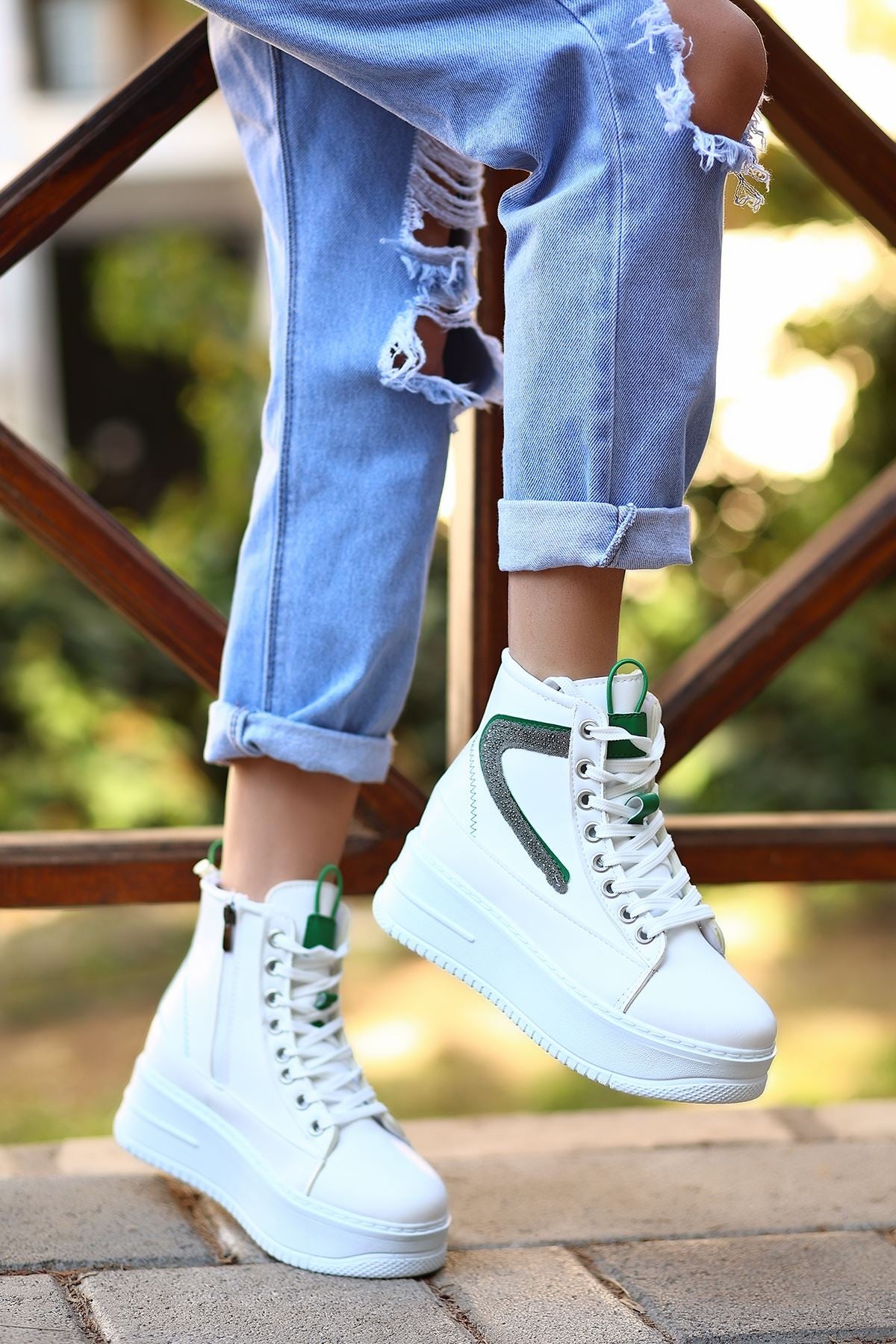 Women's Pone White Skin Green Detailed Lace Up Sneakers Boots - STREETMODE™
