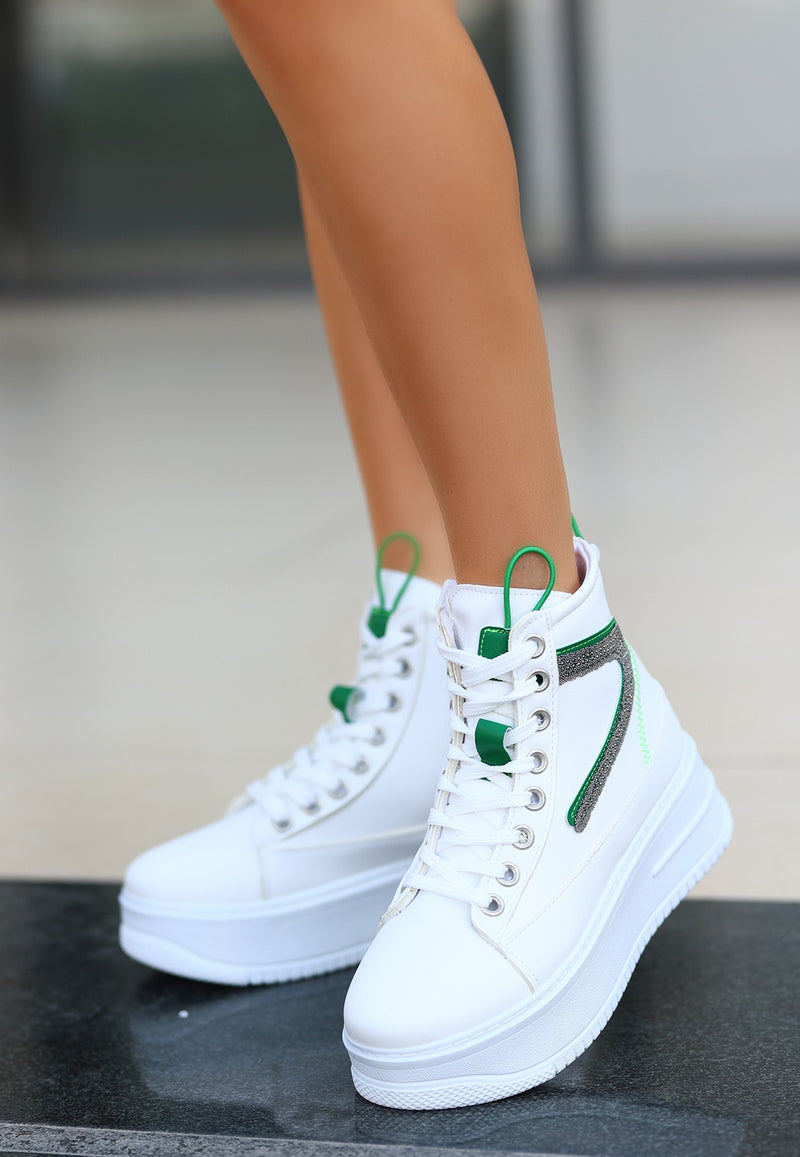 Women's Pone White Skin Green Detailed Lace Up Sneakers Boots - STREETMODE™