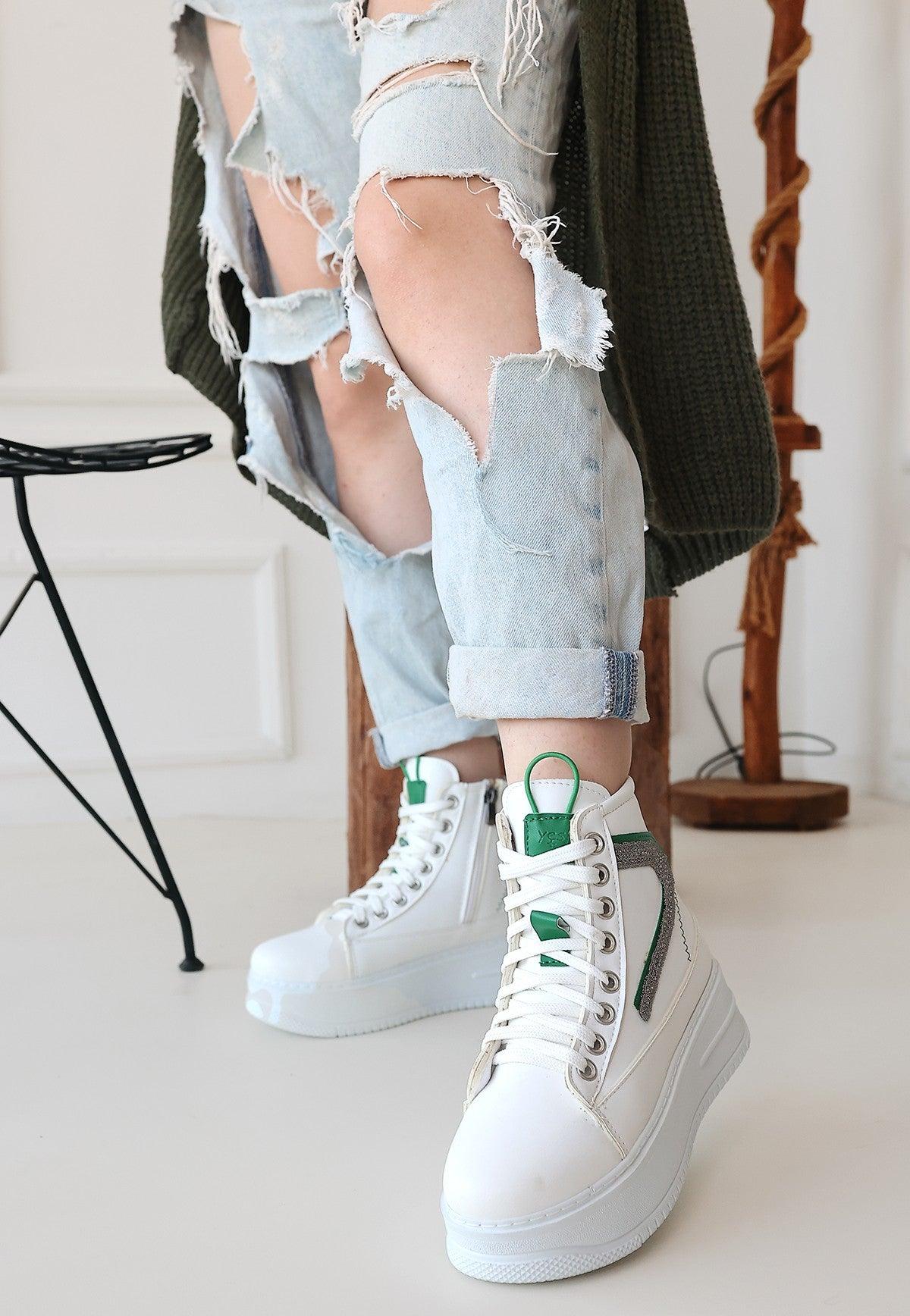 Women's Pone White Skin Green Detailed Lace Up Sneakers Boots - STREETMODE™