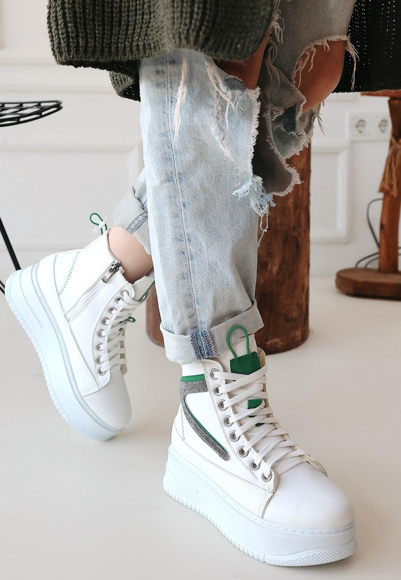 Women's Pone White Skin Green Detailed Lace Up Sneakers Boots - STREETMODE™