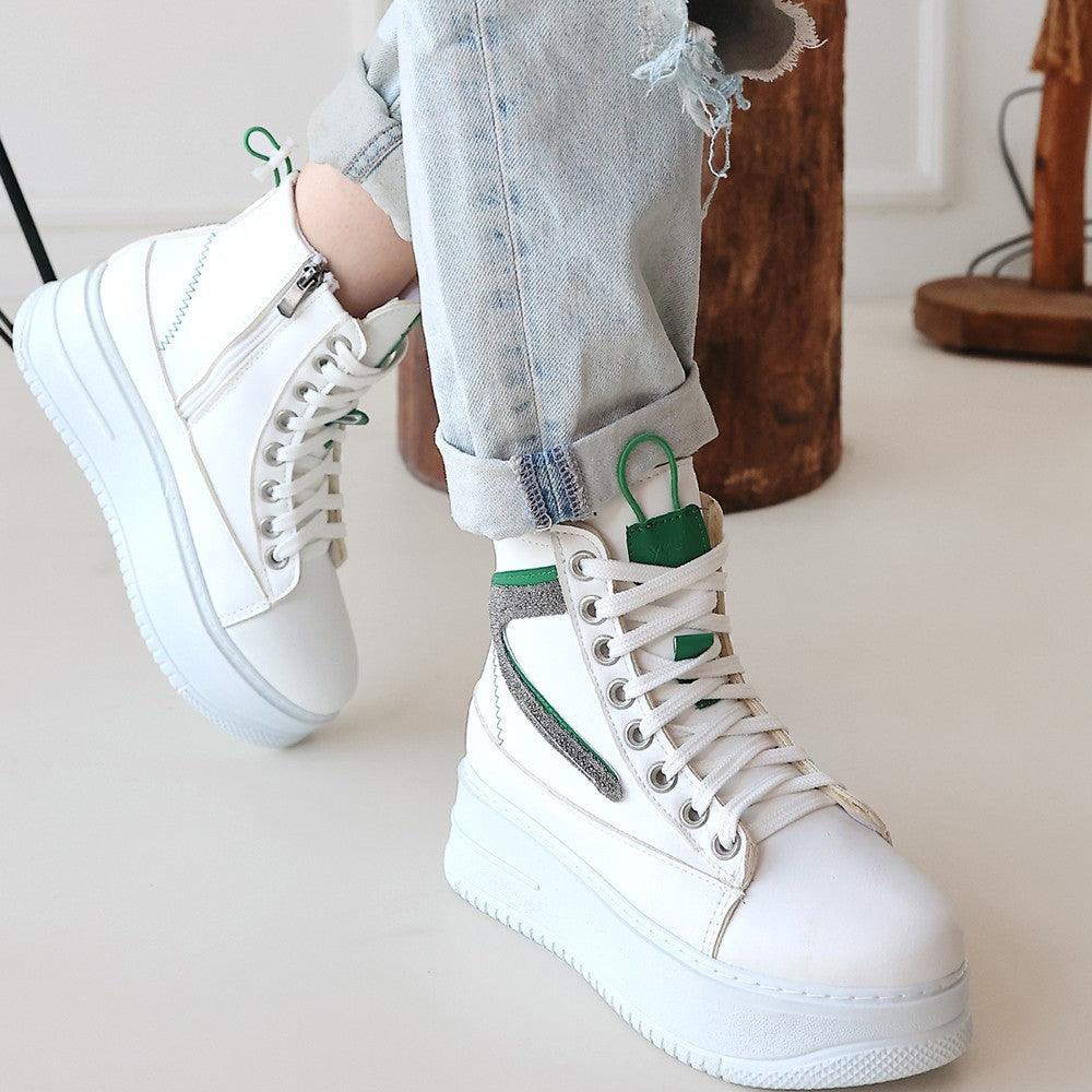 Women's Pone White Skin Green Detailed Lace Up Sneakers Boots - STREETMODE™