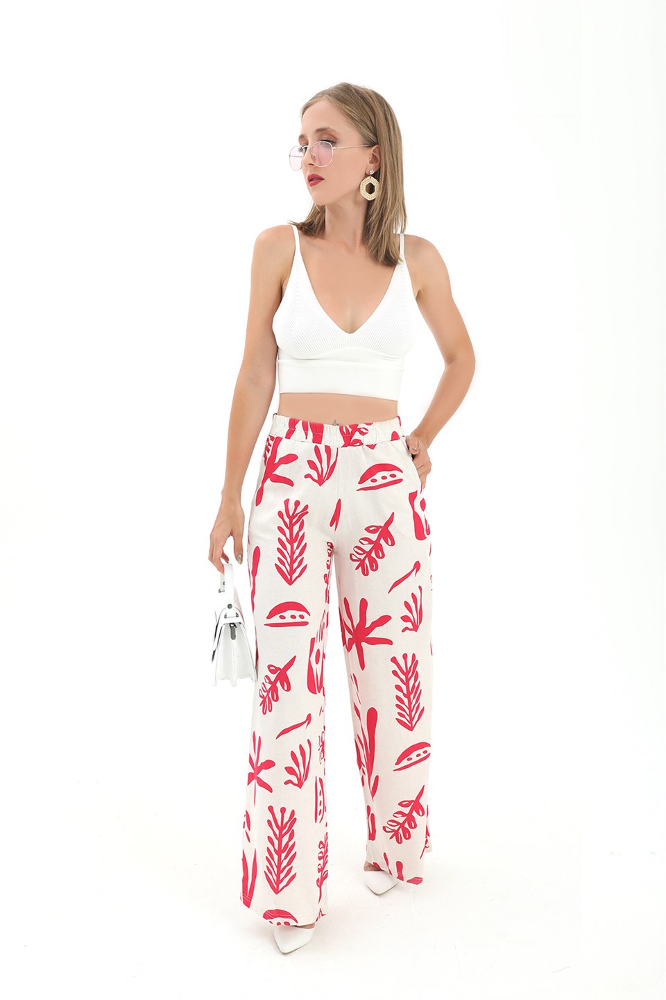 Women's Printed Linen Wide Leg Pants - Fuchsia - STREETMODE™