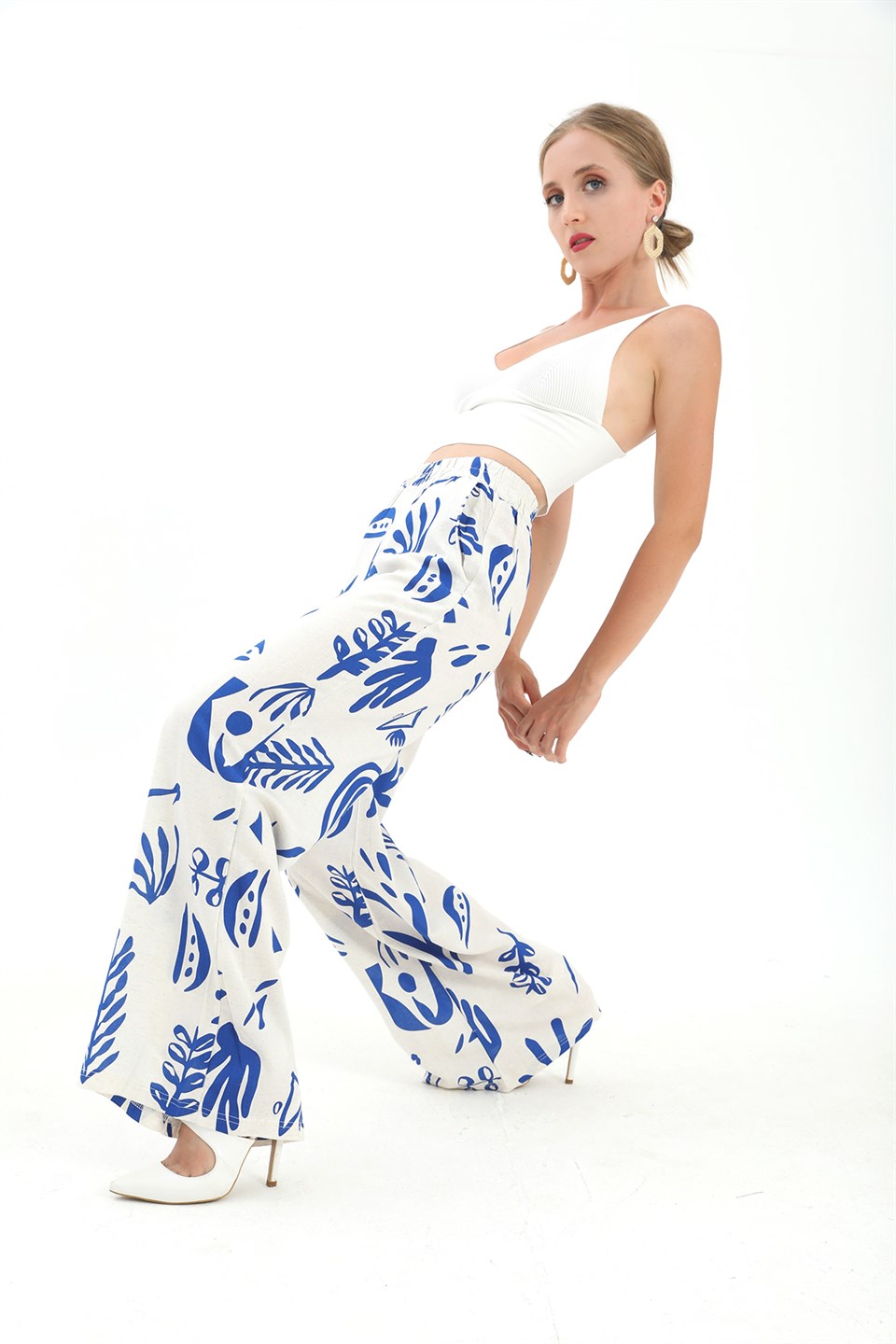 Women's Printed Linen Wide Leg Pants - Sax Blue - STREETMODE™