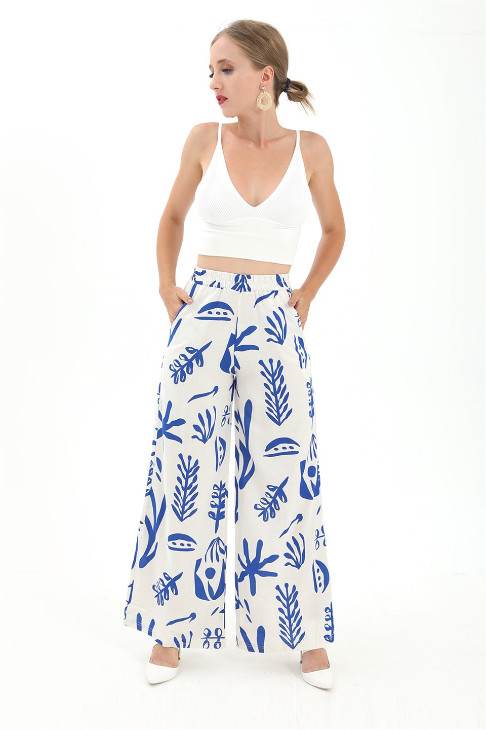 Women's Printed Linen Wide Leg Pants - Sax Blue - STREETMODE™
