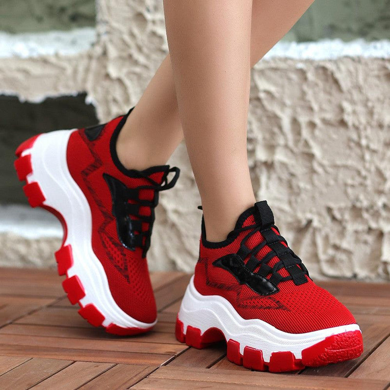 Women's Red Knitwear Lace-Up Sports Shoes - STREETMODE™