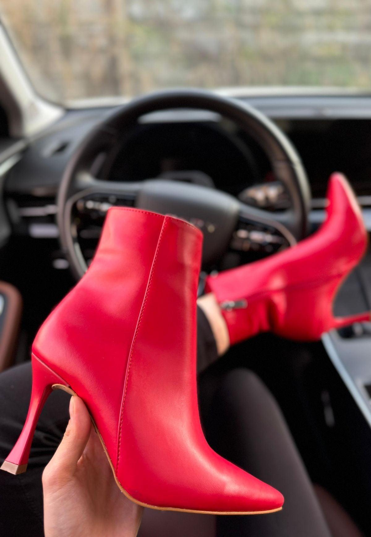 Women's Red Leather High Heel Boots - STREETMODE™