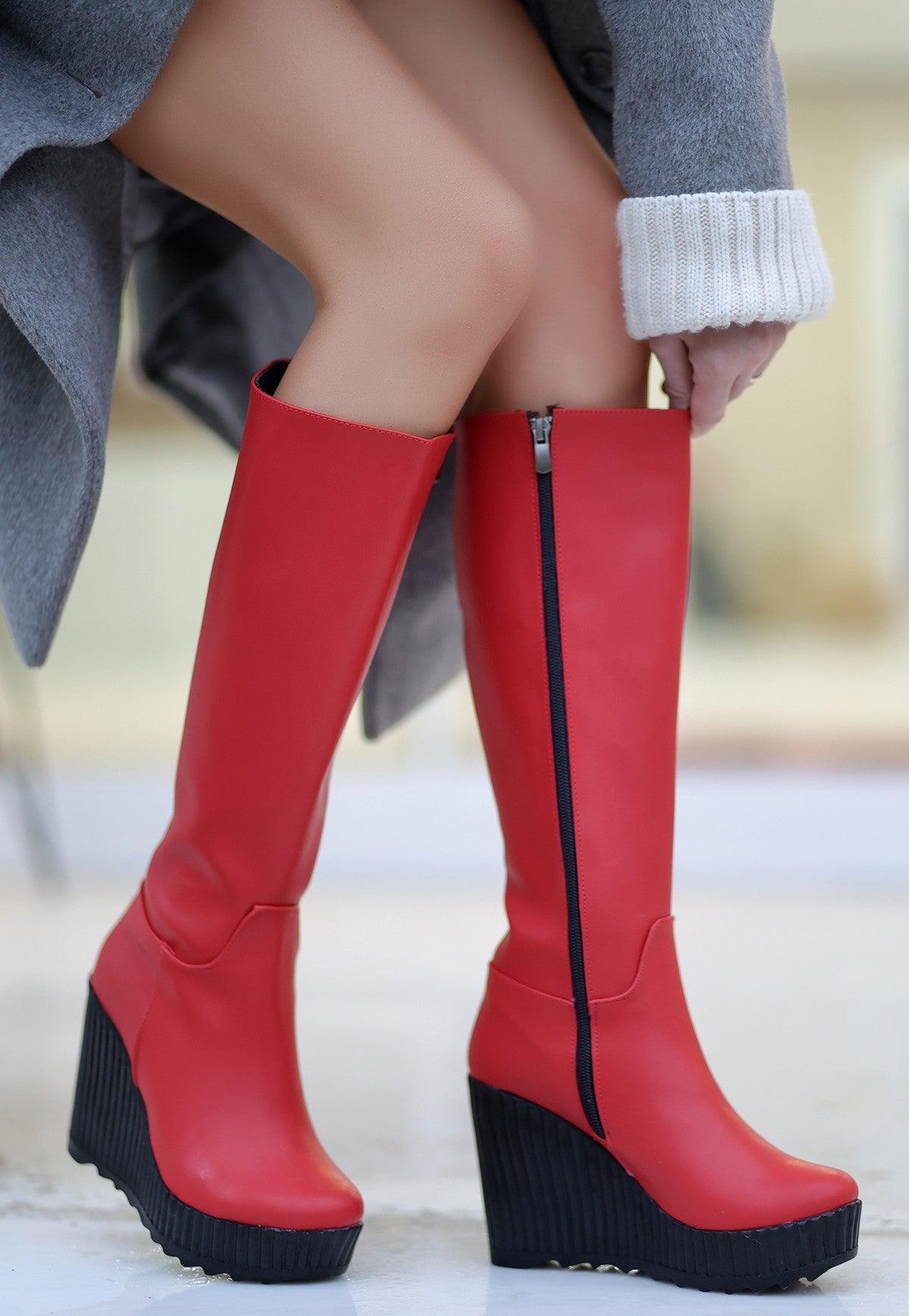 Women's Red Leather Wedge Heel Boots - STREETMODE™