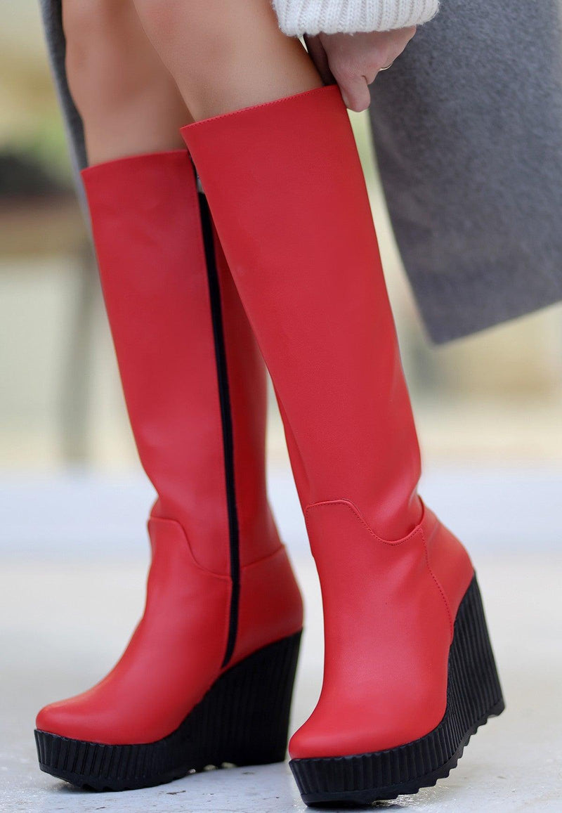 Women's Red Leather Wedge Heel Boots - STREETMODE™