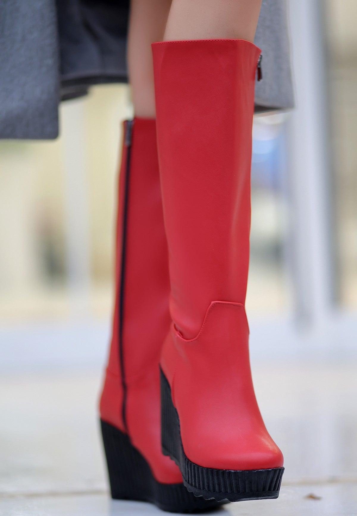 Women's Red Leather Wedge Heel Boots - STREETMODE™