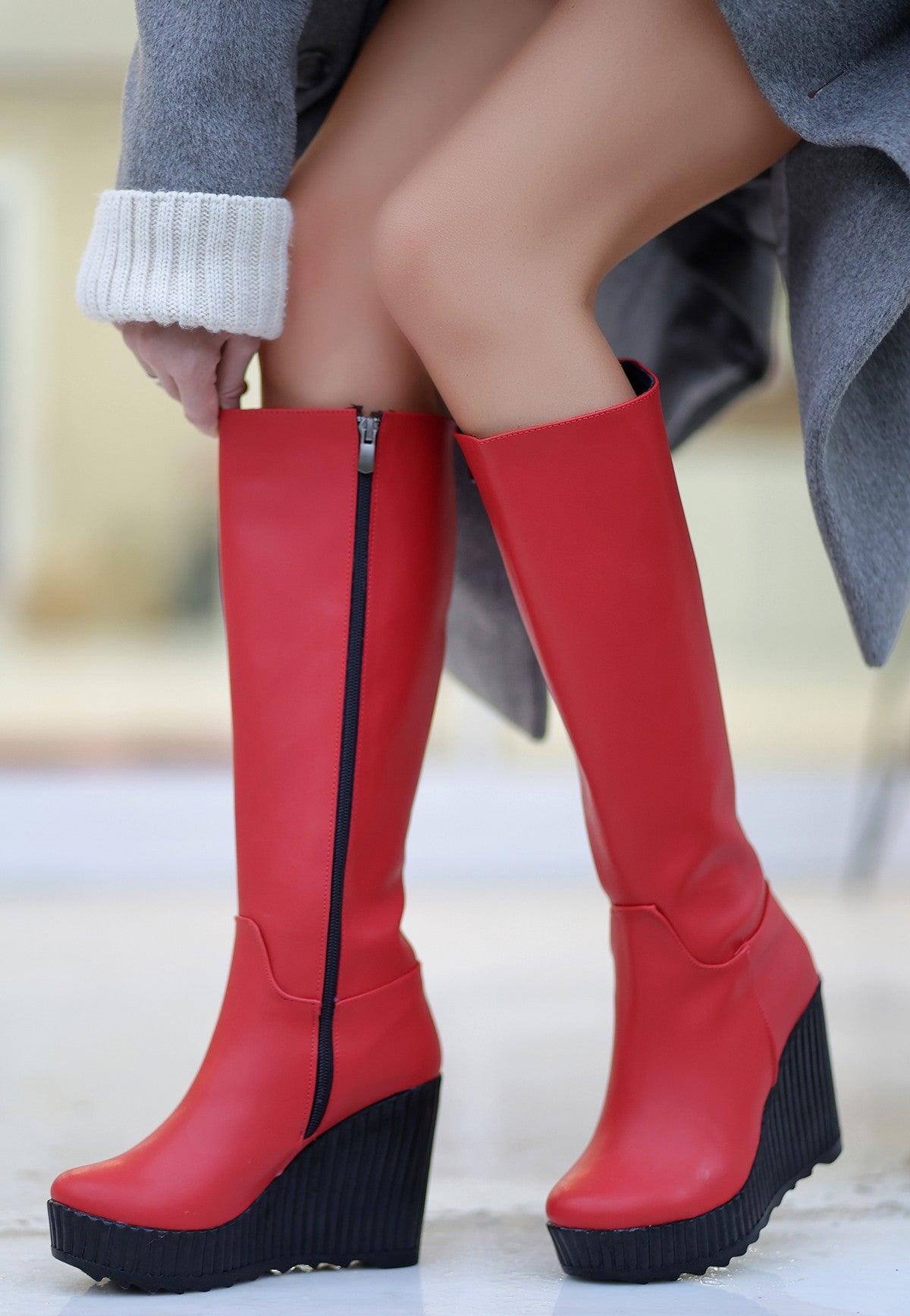 Women's Red Leather Wedge Heel Boots - STREETMODE™