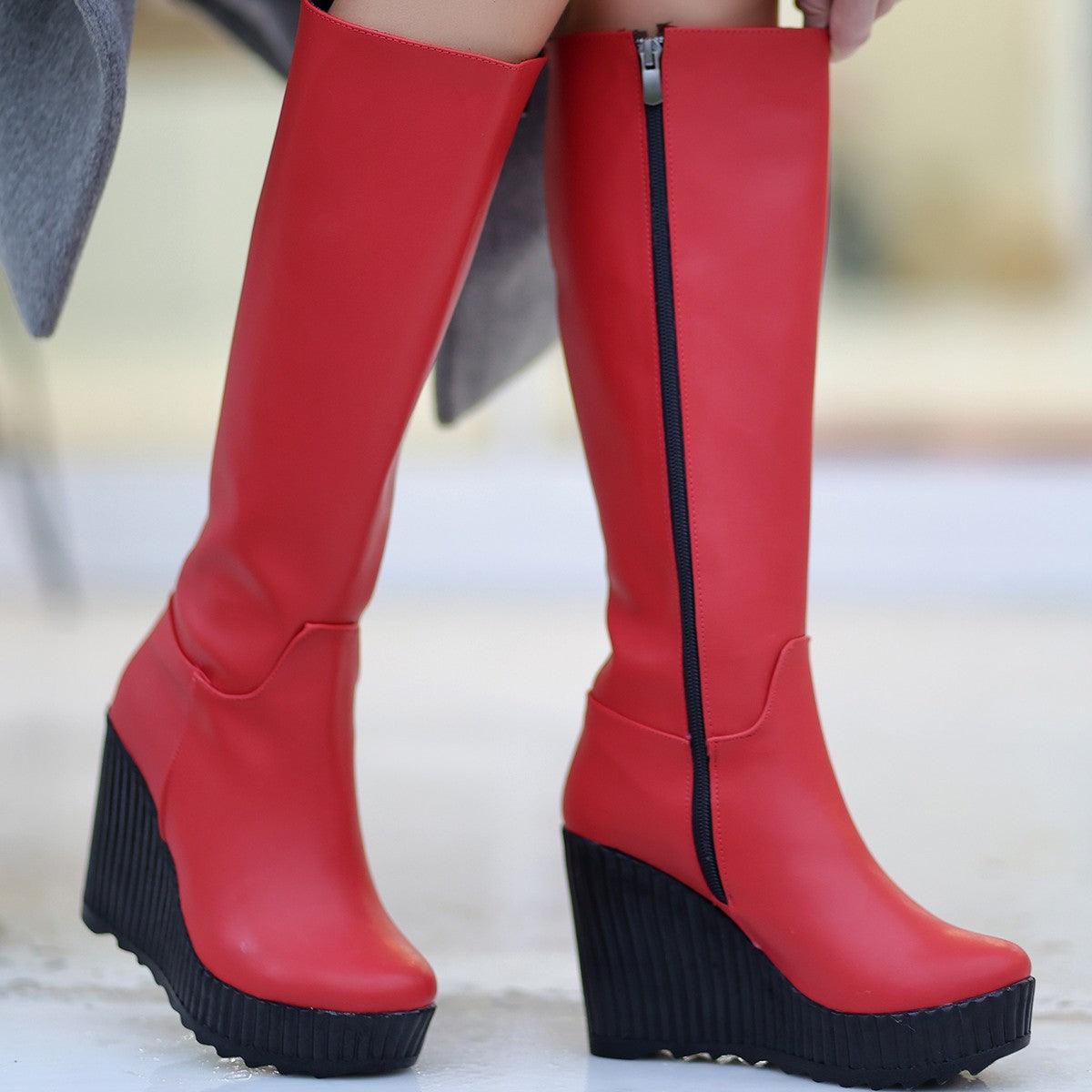 Women's Red Leather Wedge Heel Boots - STREETMODE™