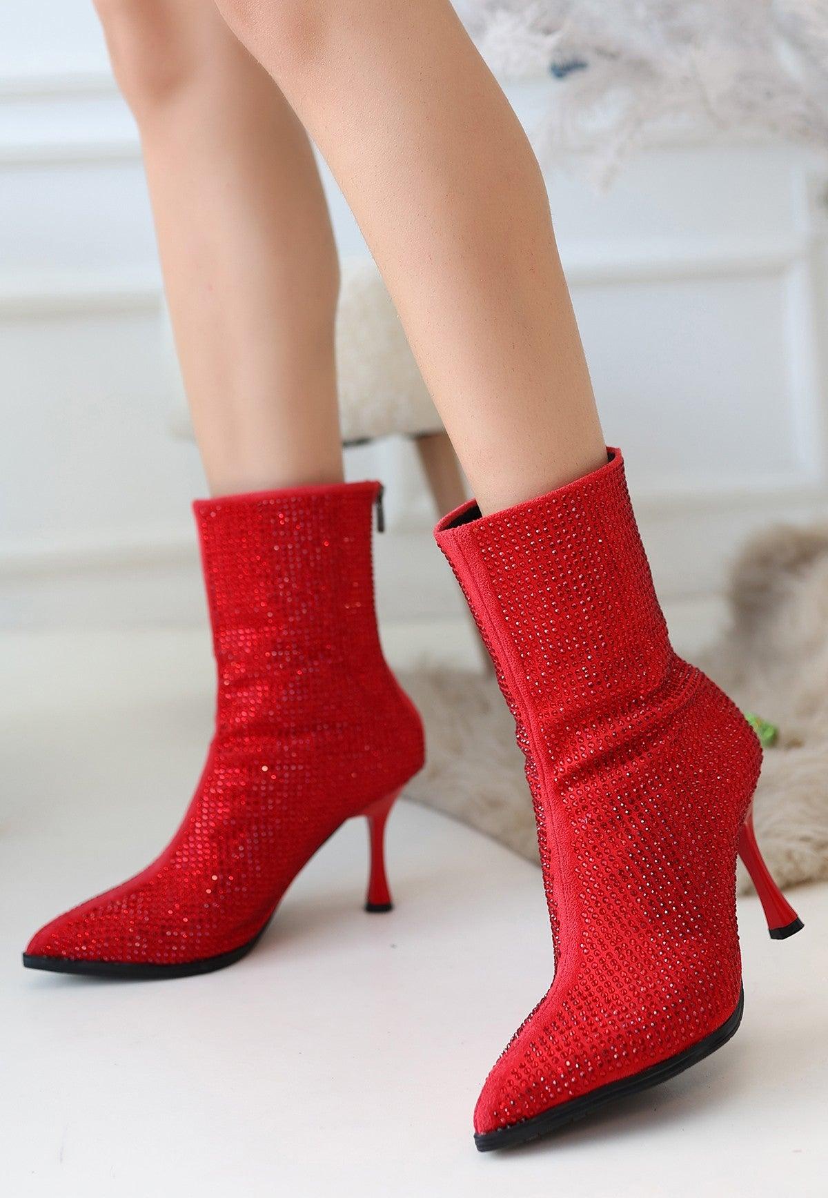 Women's Red Suede Stoned Heeled Boots - STREETMODE™