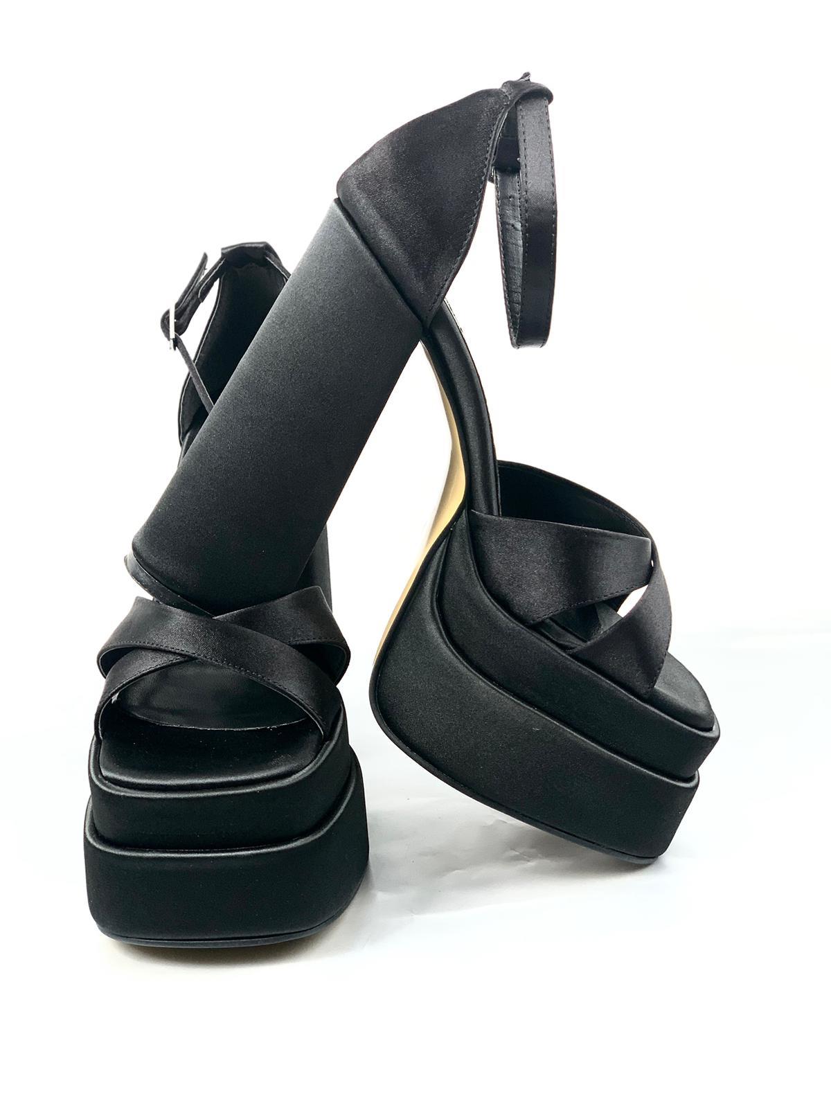 Women's Renc Black Satin High Double Platform Heeled Sandals - STREETMODE™