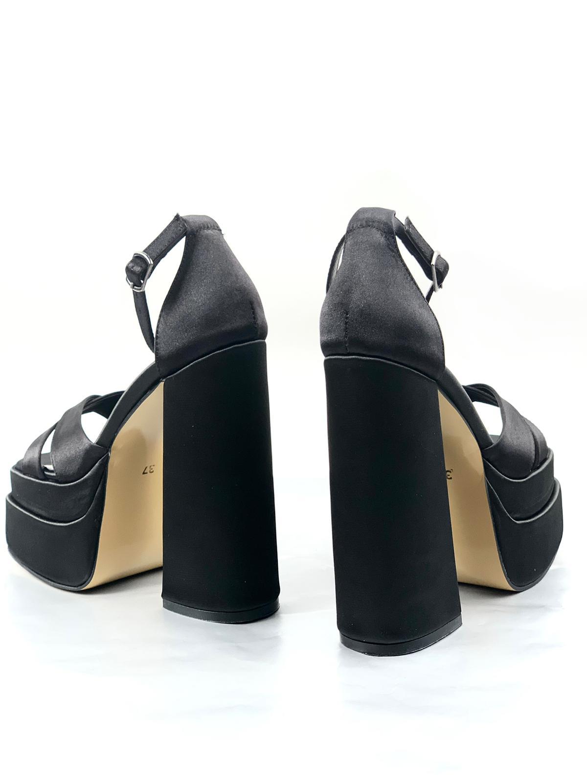 Women's Renc Black Satin High Double Platform Heeled Sandals - STREETMODE™