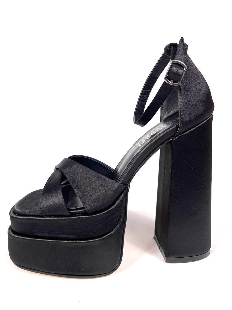 Women's Renc Black Satin High Double Platform Heeled Sandals - STREETMODE™