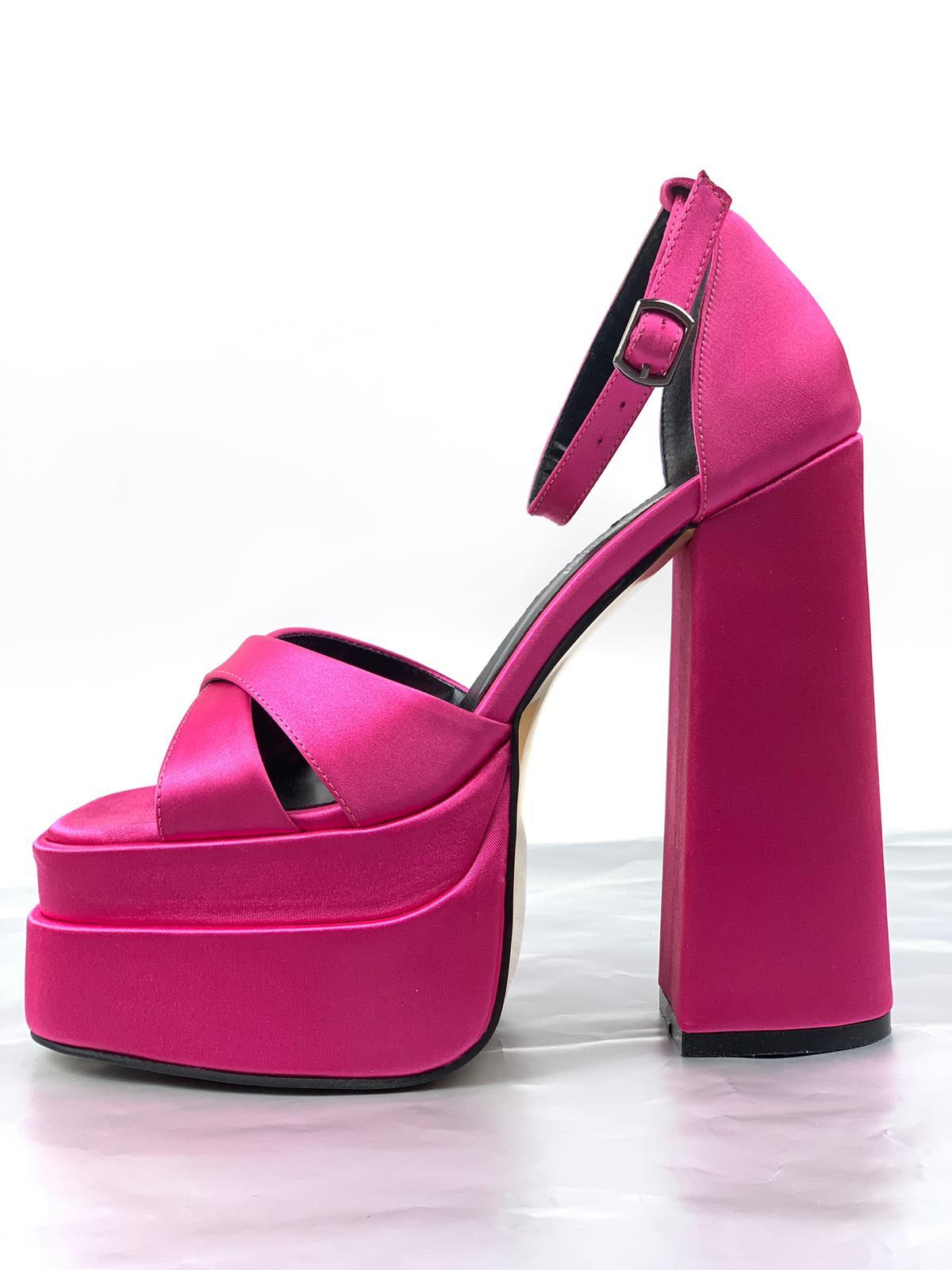 Women's Renc Fuchsia Satin High Double Platform Heeled Sandals - STREETMODE™