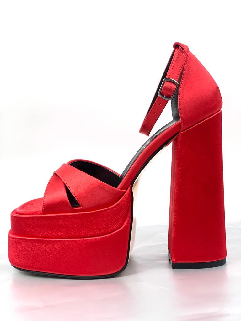 Women's Renc Red Satin High Double Platform Heeled Sandals - STREETMODE™