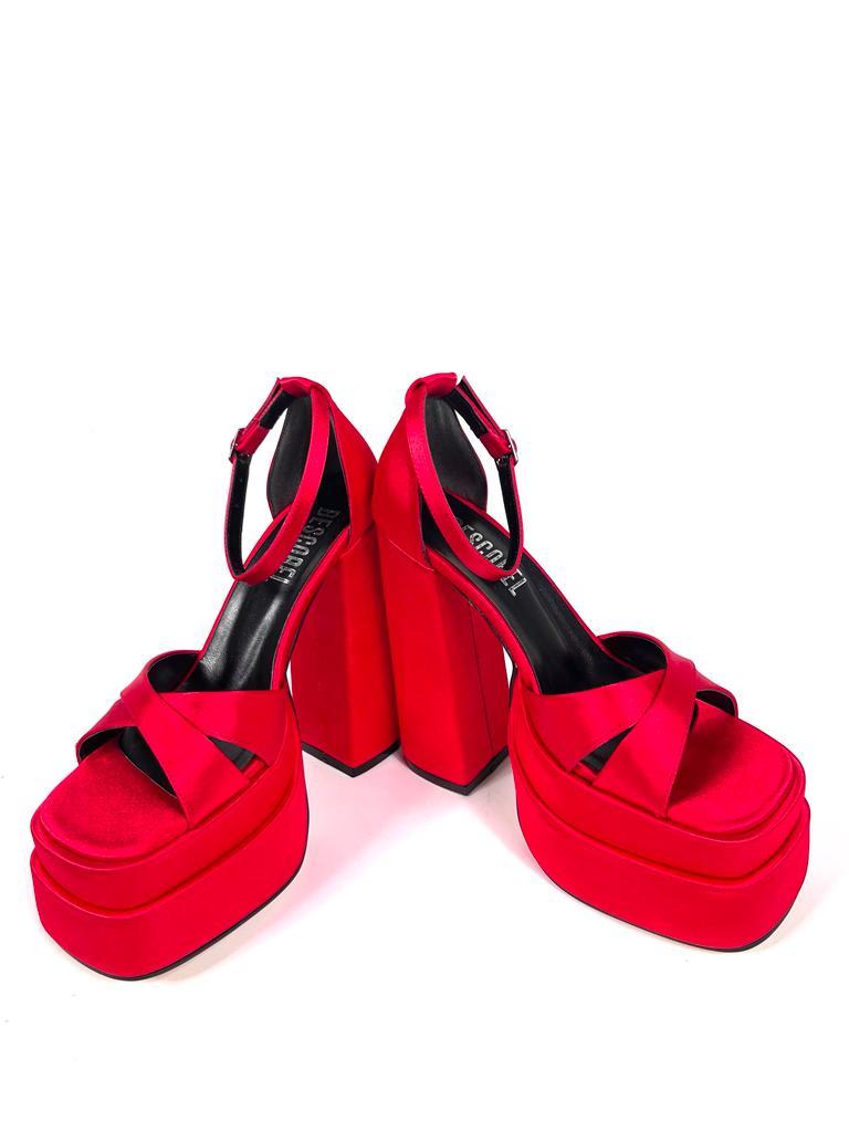 Women's Renc Red Satin High Double Platform Heeled Sandals - STREETMODE™