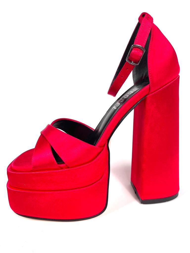 Women's Renc Red Satin High Double Platform Heeled Sandals - STREETMODE™