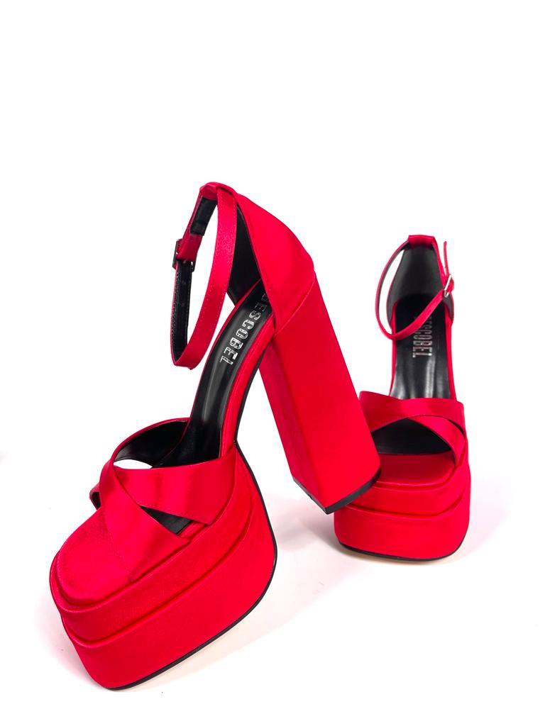 Women's Renc Red Satin High Double Platform Heeled Sandals - STREETMODE™