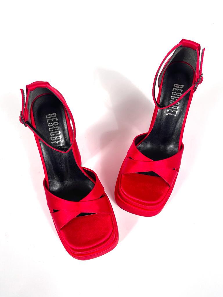 Women's Renc Red Satin High Double Platform Heeled Sandals - STREETMODE™