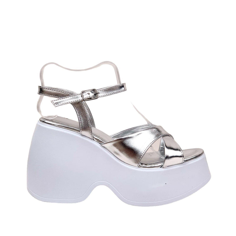 Women's Retya Silver High Wedge Heel Cross Strap Sandals - STREETMODE™