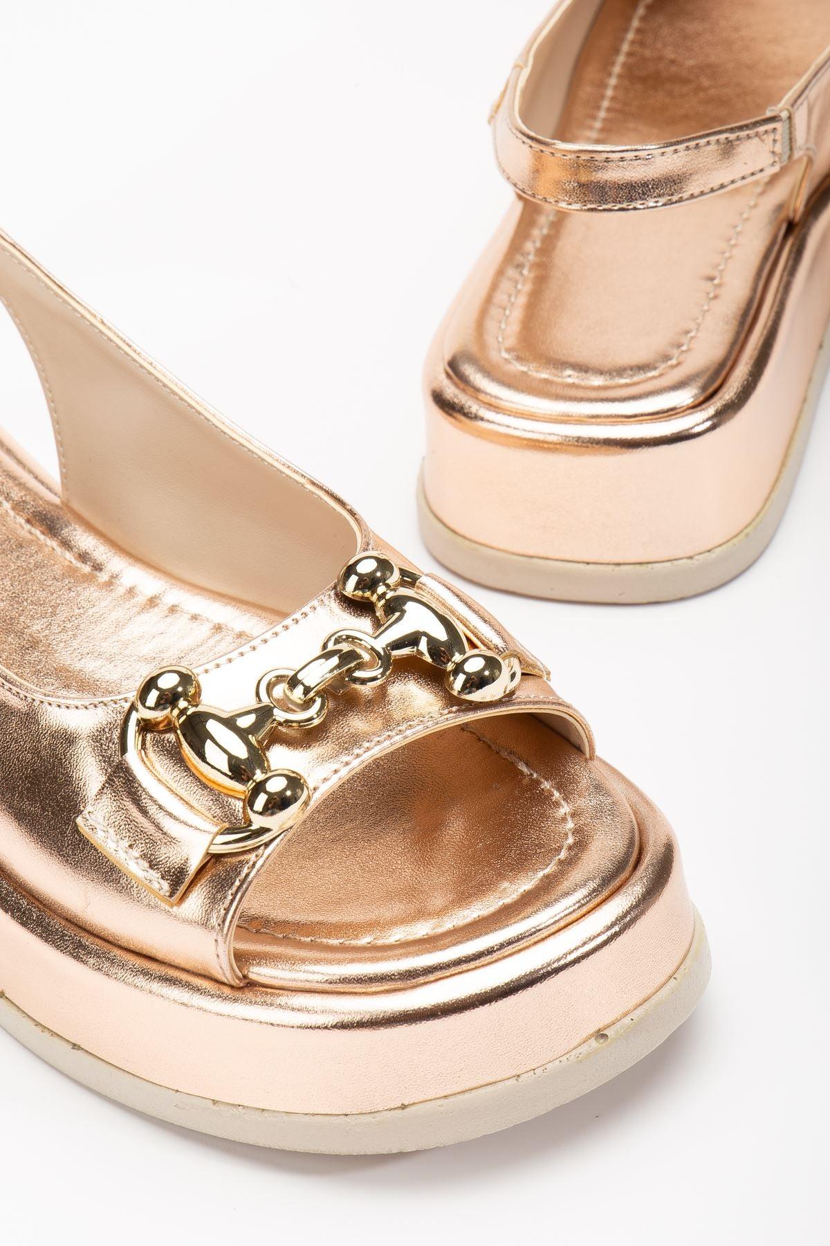 Women's Rose Gold Shiny Skin Buckle Detailed Sandals - STREETMODE™