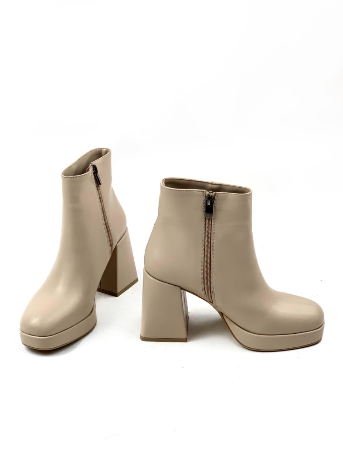 Women's Sand Beige Platform Heeled Short Leather Boots - STREETMODE™