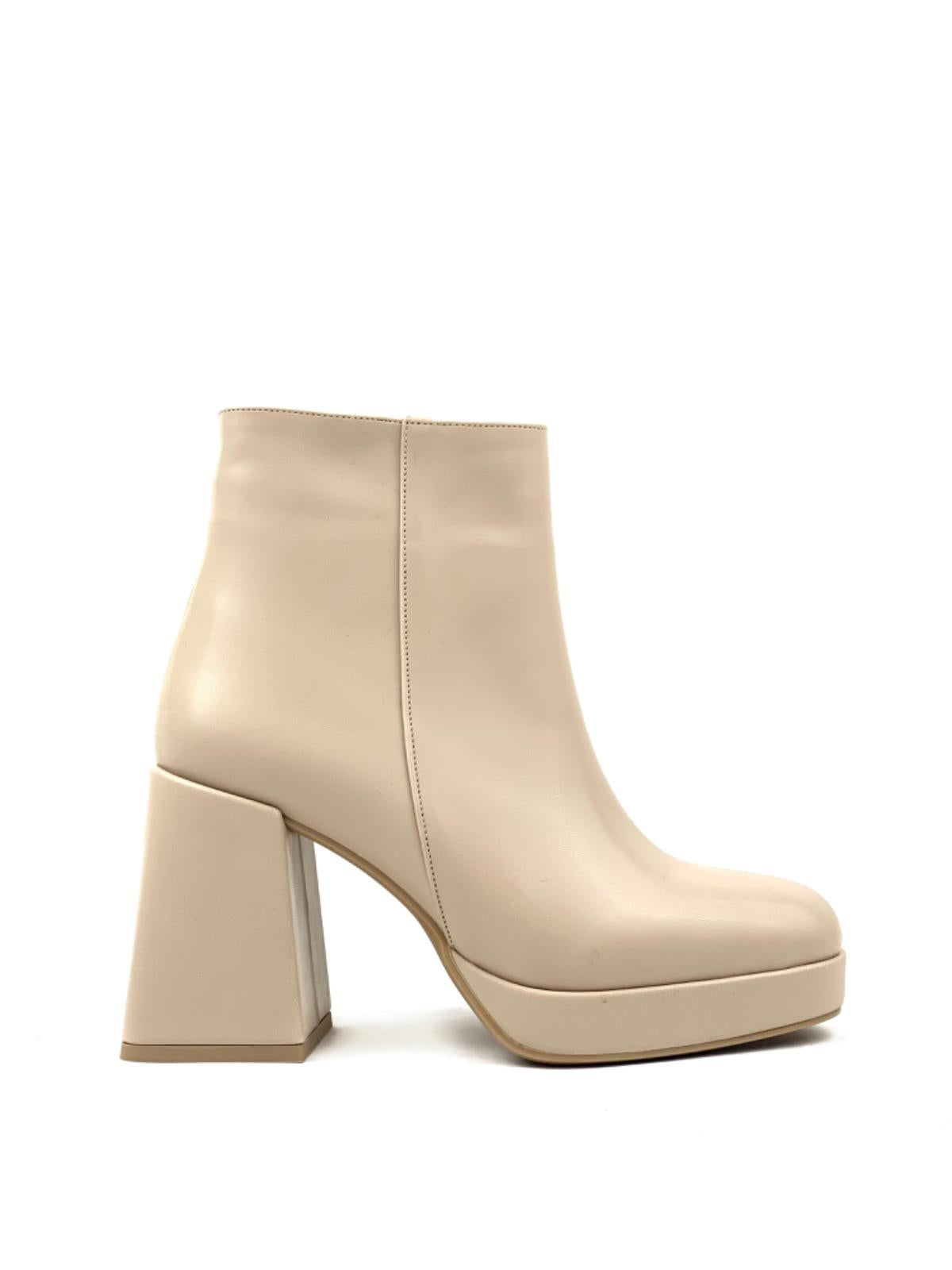 Women's Sand Beige Platform Heeled Short Leather Boots - STREETMODE™