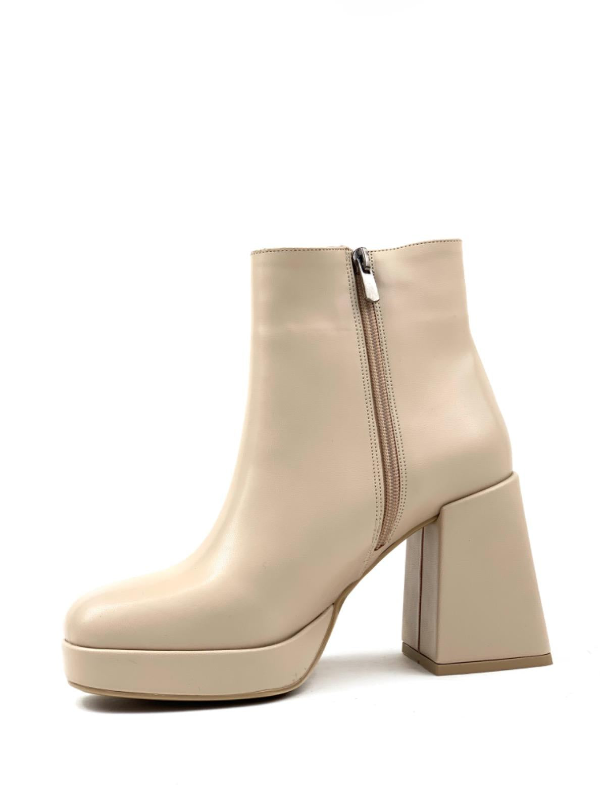 Women's Sand Beige Platform Heeled Short Leather Boots - STREETMODE™