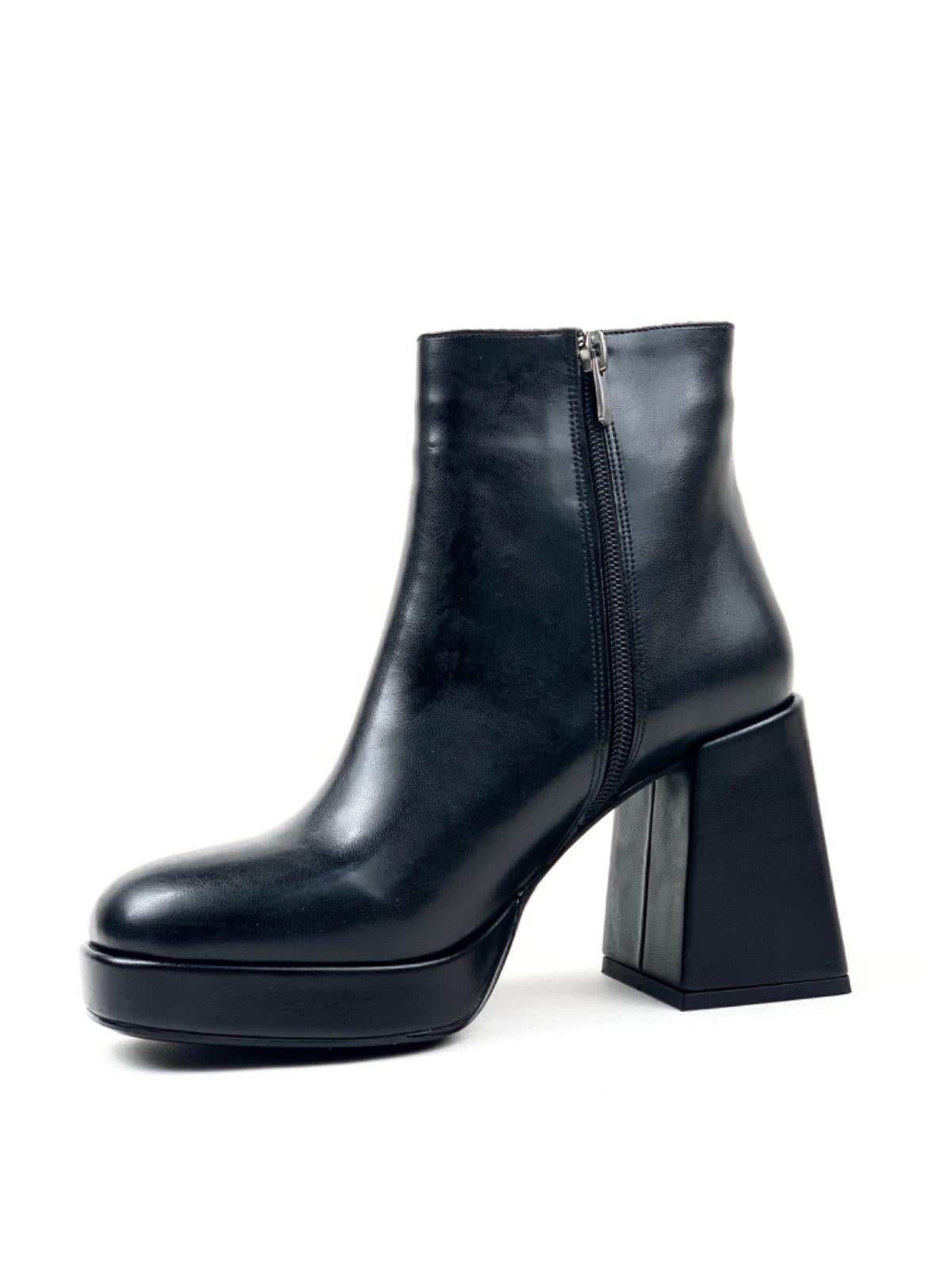 Women's Sand Black Platform Heeled Short Leather Boots - STREETMODE™