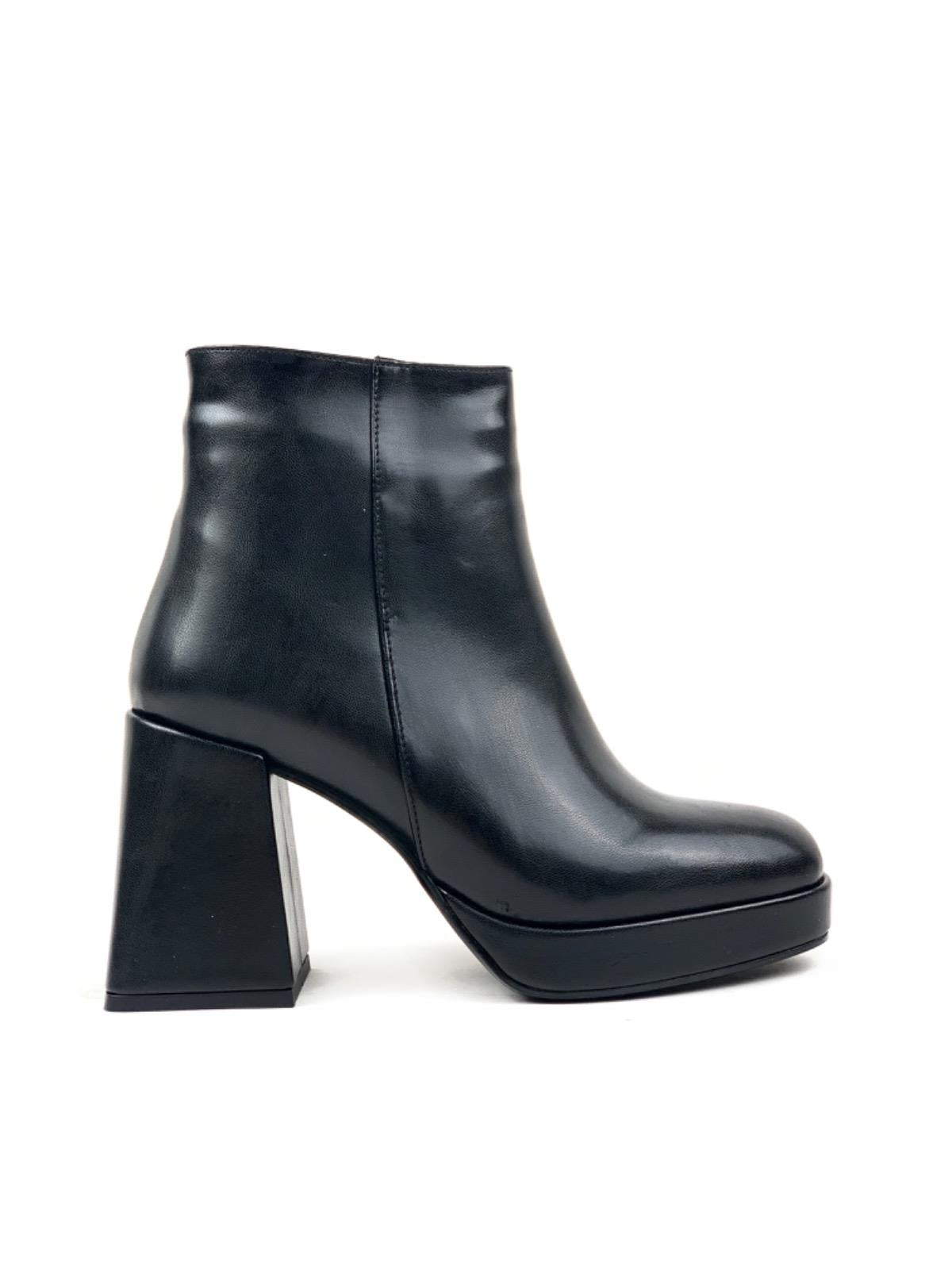 Women's Sand Black Platform Heeled Short Leather Boots - STREETMODE™