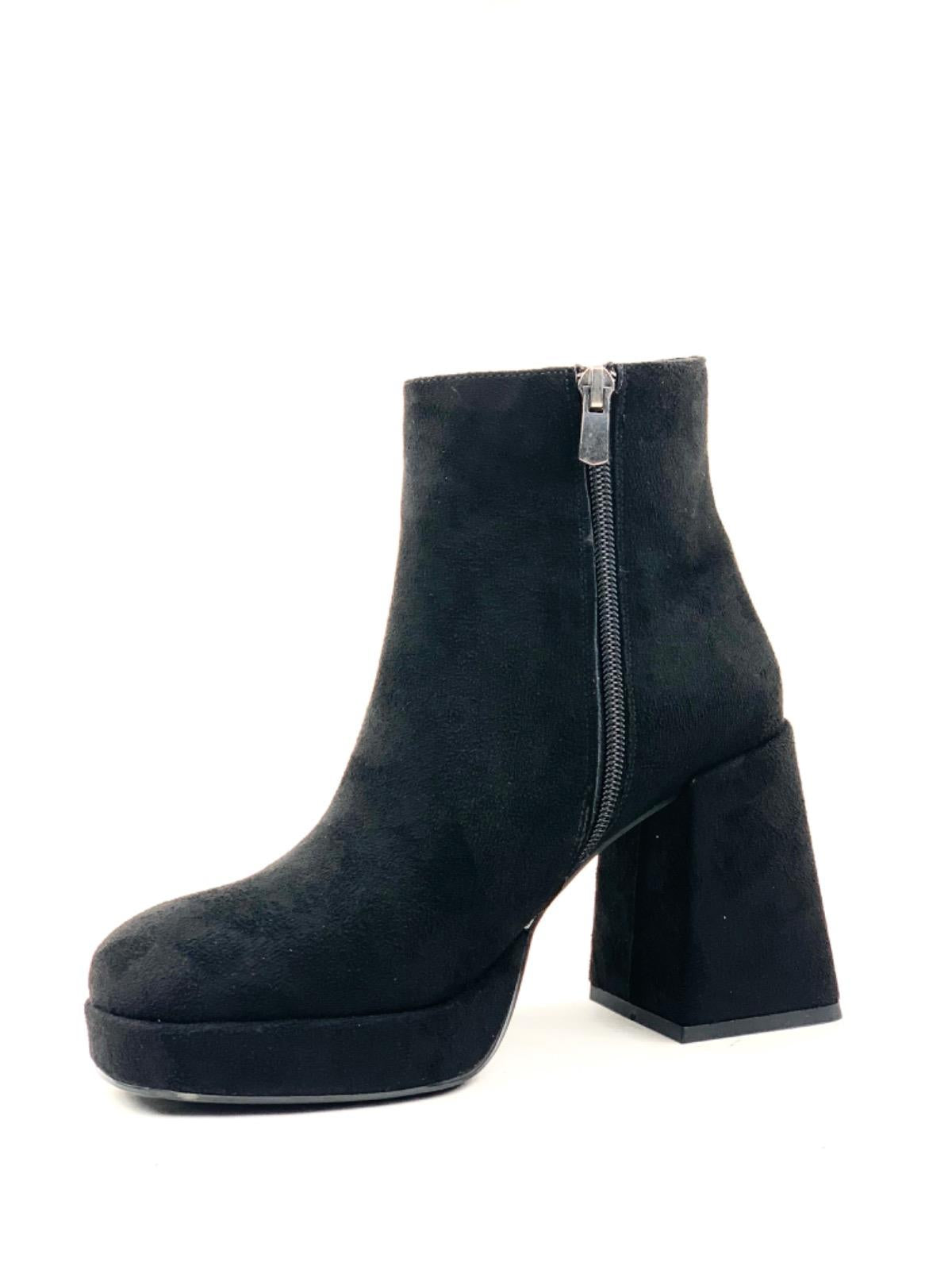 Women's Sand Black Platform Heeled Short Suede Boots - STREETMODE™