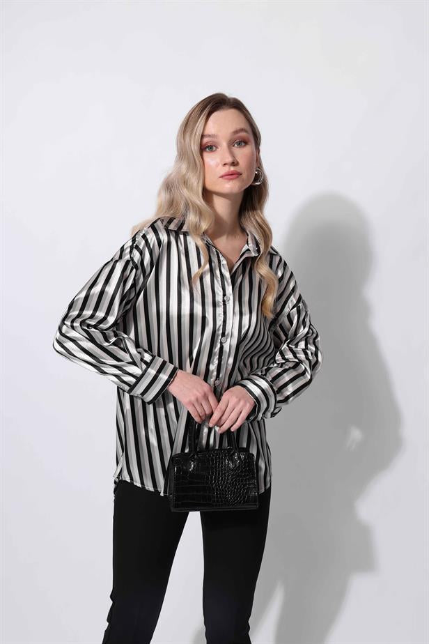 Women's Satin Striped Shirt Black - STREETMODE™