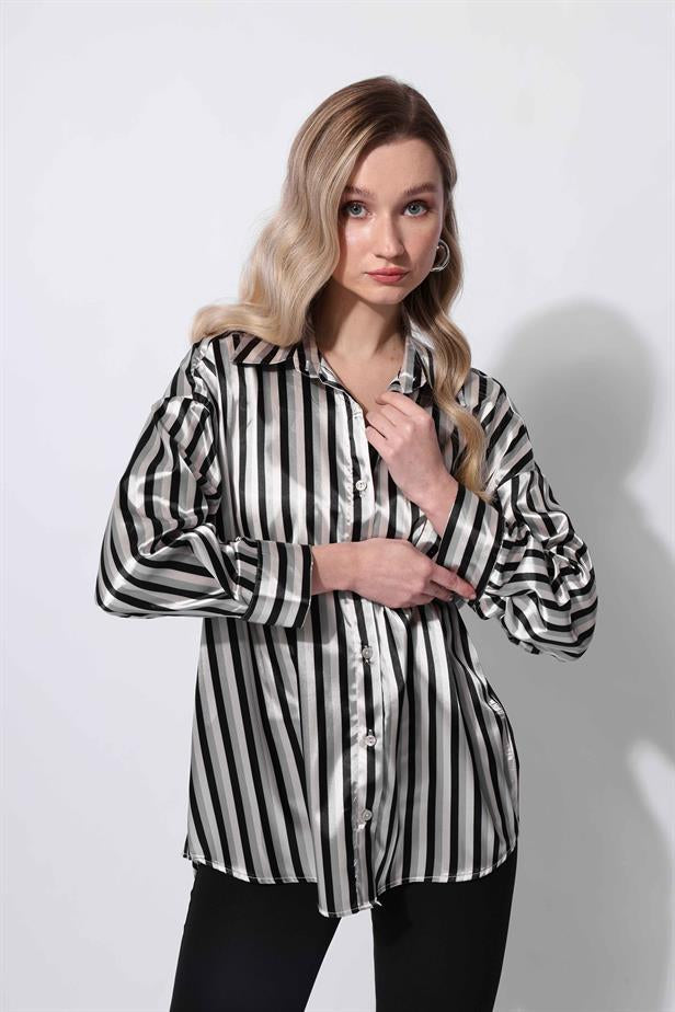 Women's Satin Striped Shirt Black - STREETMODE™