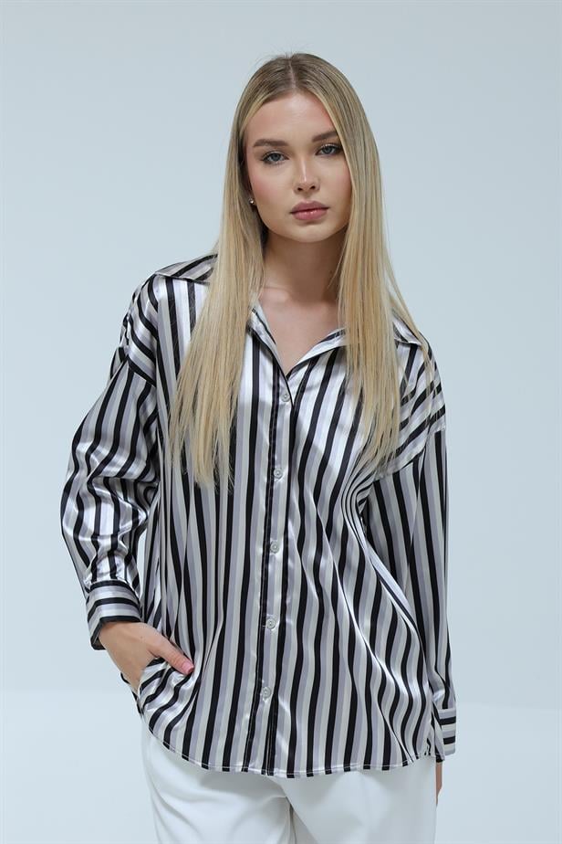 Women's Satin Striped Shirt Black - STREETMODE™