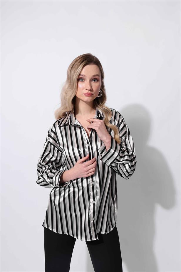 Women's Satin Striped Shirt Black - STREETMODE™