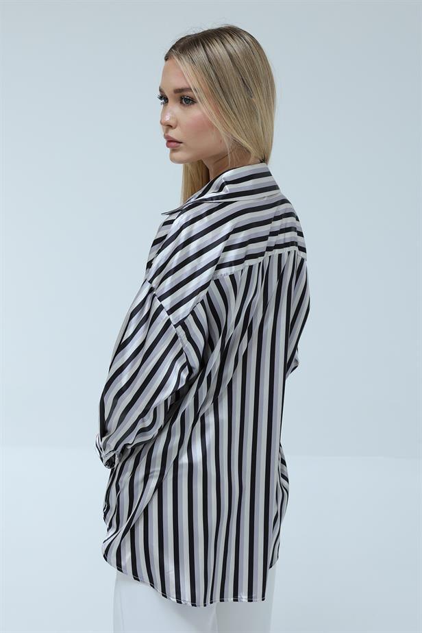 Women's Satin Striped Shirt Black - STREETMODE™